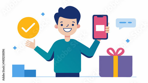 Payment Confirmation A happy shopper receiving a payment confirmation on their phone with a celebration icon showing excitement over a successful purchase.