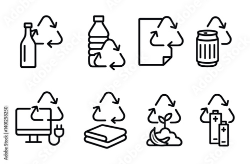 Recycling icons for glass, plastic, paper, cans, electronics, textiles, compost, batteries.