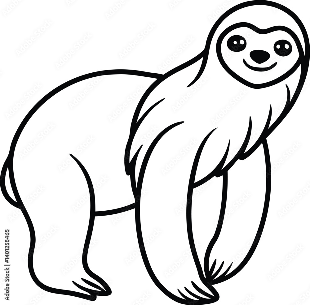 Outline Drawing of a Happy Cartoon Sloth on a White Background

