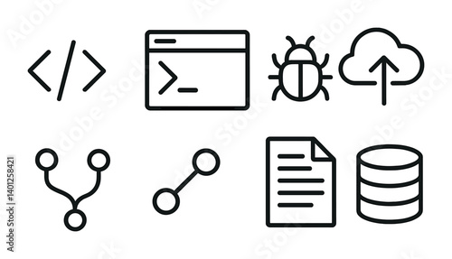 Minimalistic coding and development icons - programming, debugging, cloud, data.