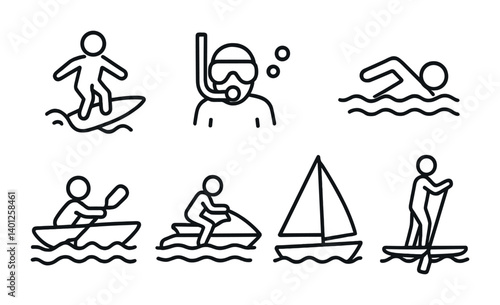 Water sports icons: surfing, snorkeling, swimming, kayaking, jet skiing, sailing, paddleboarding.