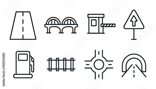 Road infrastructure icons set featuring bridge, tunnel, signage, gas pump, and traffic gate.