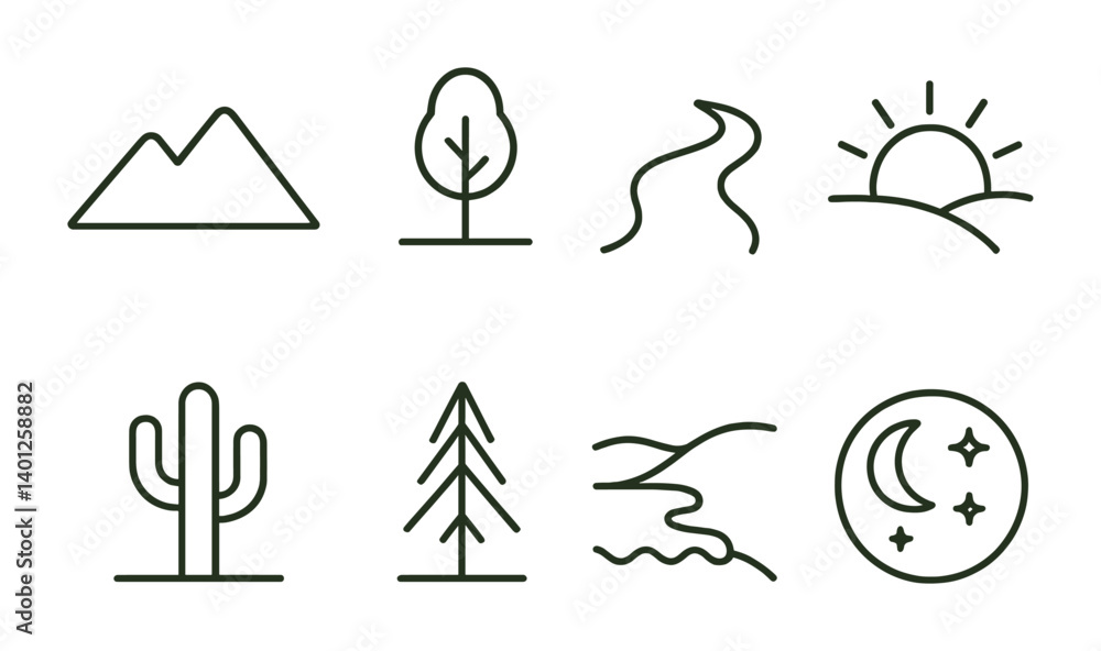 Fototapeta premium Nature outline icons: mountain, tree, river, sun, cactus, pine, hills, moon.