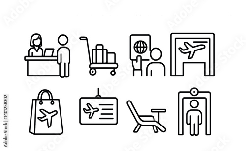 Airport symbols: check-in, luggage, boarding, security, lounge seating, terminal icons.