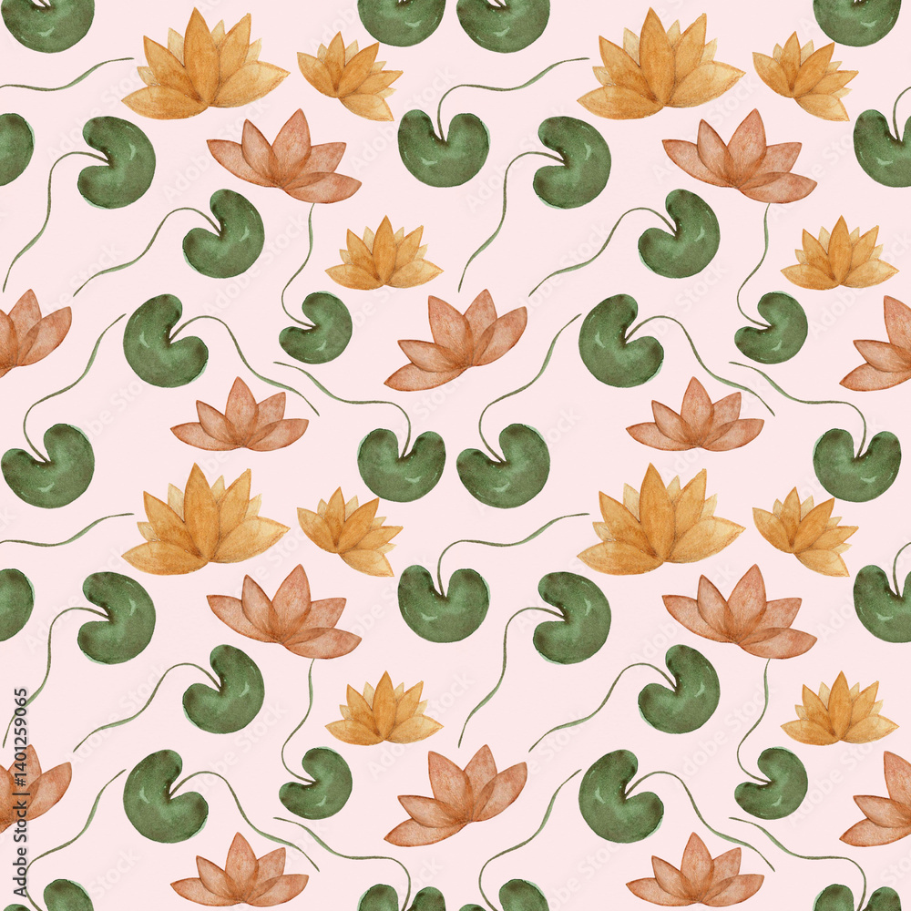 Elegant hand-painted watercolor pattern with lotus flowers and leaves. it is ideal for wellness brands, yoga studios, spa products, and nature-inspired themes. Elegant hand-painted watercolor pattern with lotus flowers and leaves. it is ideal for wellness brands, yoga studios, spa products, and nature-inspired themes.