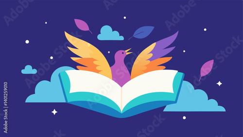 Floating Book with Wings An open book illustrated with vibrant pages that appear to flutter like bird wings. The book is depicted flying through the air with its pages adorned with