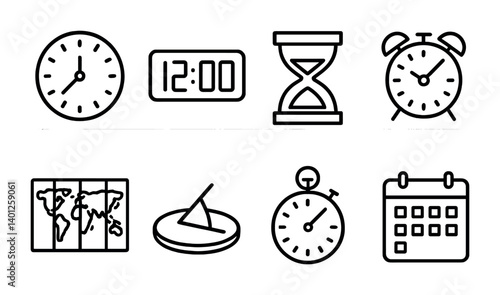 Line art icons of clocks and timekeeping devices, including maps, calendar, and stopwatch.