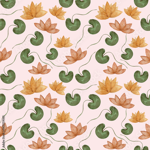 Elegant hand-painted watercolor pattern with lotus flowers and leaves. it is ideal for wellness brands, yoga studios, spa products, and nature-inspired themes.
