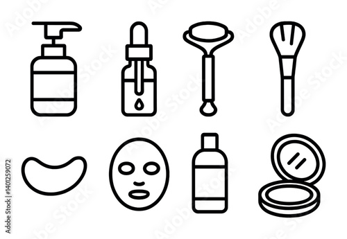 Skincare and beauty tools: roller, serum, mask, brush, bottle icons.
