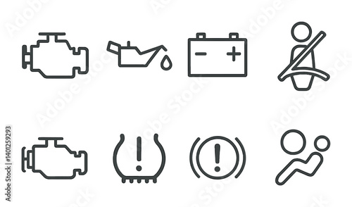 Essential car dashboard warning symbols: engine, oil, battery, seatbelt, tire pressure, brake, airbag.