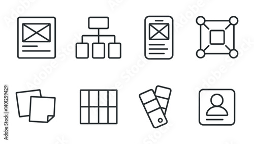 Minimalist icons representing web design and development elements.