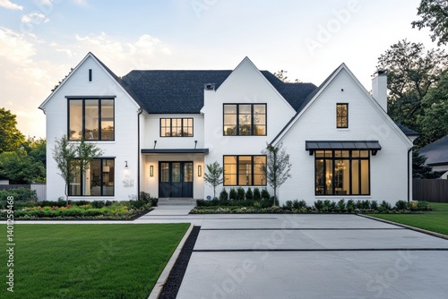 A beautiful white modern house with farmhouse-inspired architecture stands proudly, offering a view of its exterior front lawn and paved driveway, exuding a welcoming atmosphere.