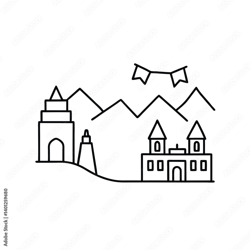 Majestic Mountain Scenery Line Art Illustration of Castles, Monuments, and Festive Flags, Inti Raymi icon vector Line Art
Majestic Mountain Scenery Line Art Illustration of Castles, Monuments, and Festive Flags, Inti Raymi icon vector Line Art