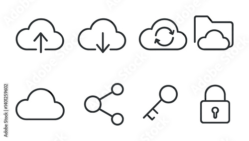 Cloud storage icons: upload, download, synchronize, share, security.