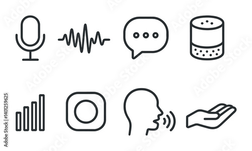 Voice control icons: microphone, soundwave, speech bubble, smart speaker, volume, recording, speaking, gesture.