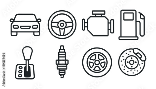 Car components icons: engine, fuel, steering, brake, gear, spark plug, tire, vehicle.