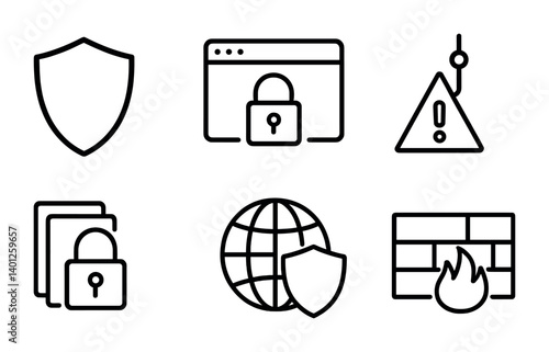Cyber security icons: shield, lock, phishing warning, firewall, globe symbols.