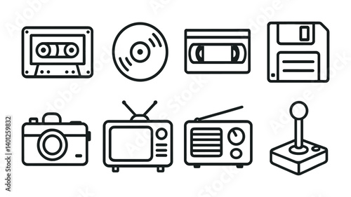 Retro media icons: cassette, cd, vhs, floppy disk, camera, tv, radio, joystick.