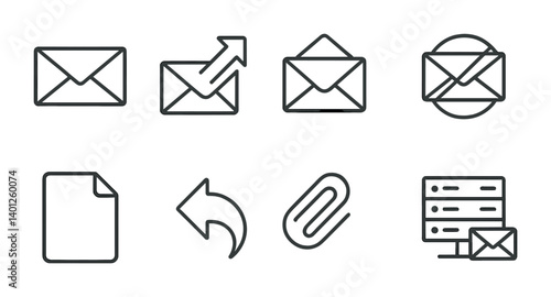 Email and document icon set with attachments and server symbols in line style.