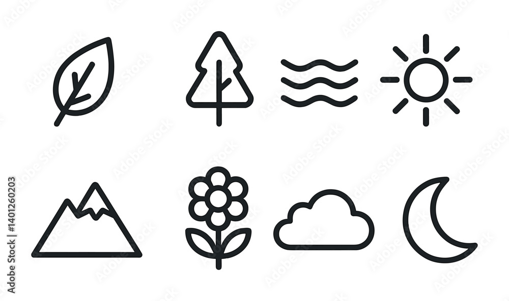Fototapeta premium Nature icons: leaf, tree, water, sun, mountain, flower, cloud, moon in line art.
