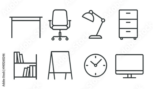 Office furniture and equipment icons: desk, chair, lamp, cabinet, bookshelf, easel, clock, monitor.