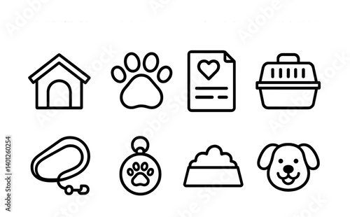 Pet care icons: dog house, paw print, adoption form, carrier, leash, tag, bowl, dog face.