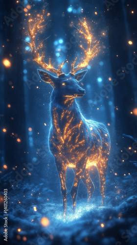 Mystical Deer: A luminous deer, bathed in an ethereal glow, stands regally amidst a mystical forest, its antlers ablaze with radiant energy.