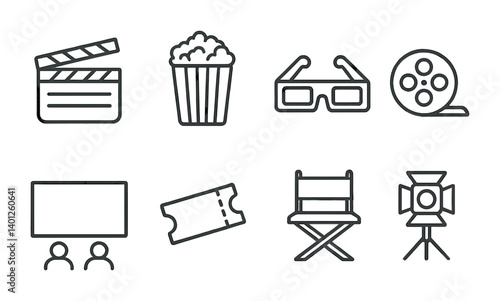 Cinema icon set featuring popcorn 3d glasses film reel and movie ticket.
