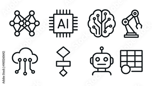 Artificial intelligence icon set: neural networks, robotics, and cloud computing illustrations.