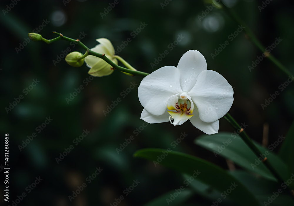 Fototapeta premium White Orchid Flower in Bloom - Elegant Close-Up of Orchid with Green Background