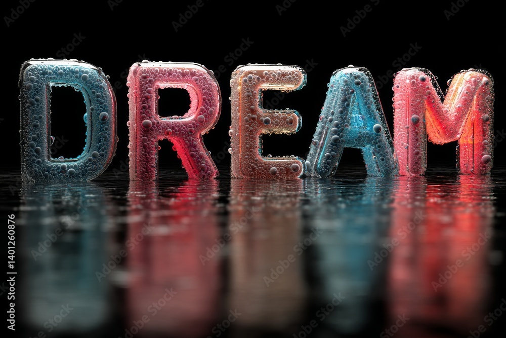 Futuristic pink, blue and yellow bubble letters spelling