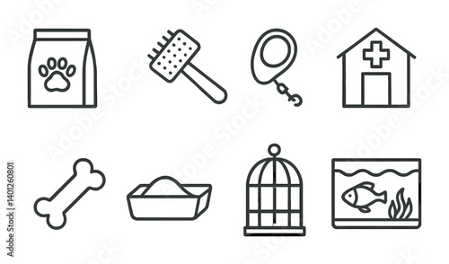 Pet care essentials: food, grooming, leash, vet, bone, litter, cage, aquarium icons.