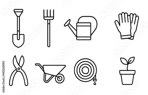 Set of eight essential linear gardening tools icons for efficient garden care.