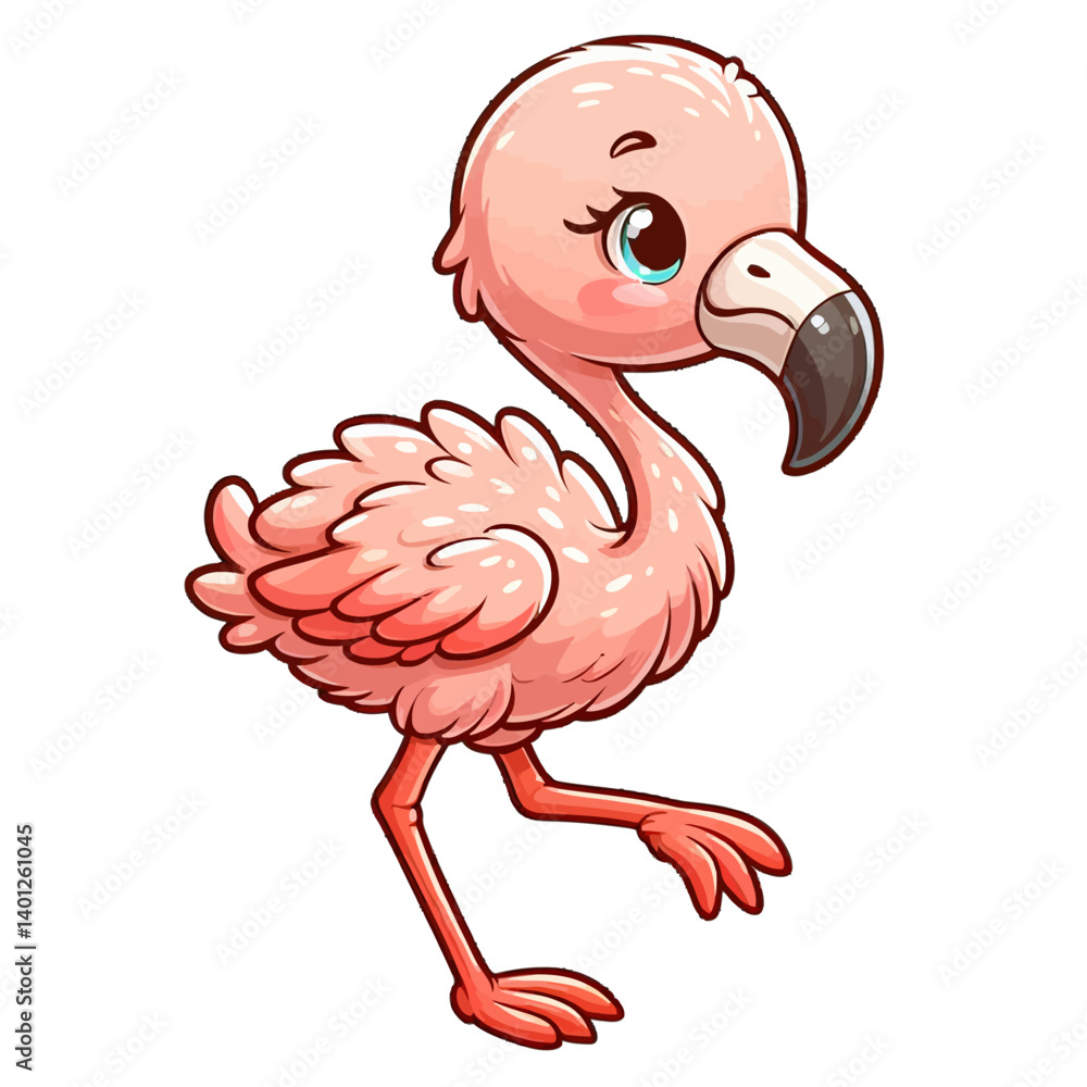 Charming cartoon illustration of a cute pink flamingo with big, adorable eyes and a playful expression, taking a step. Represents adorable animals, tropical wildlife, and children's themes. Charming cartoon illustration of a cute pink flamingo with big, adorable eyes and a playful expression, taking a step. Represents adorable animals, tropical wildlife, and children's themes.