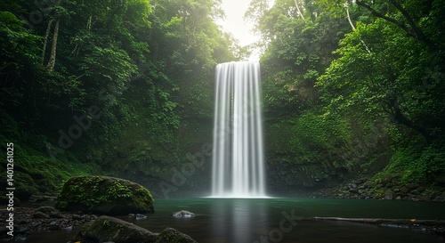 Majestic Waterfall Flowing Through Lush Green Forest Landscape Scenery