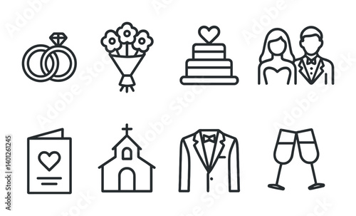 Wedding icons set: rings, flowers, cake, couple, card, church, suit, glasses.