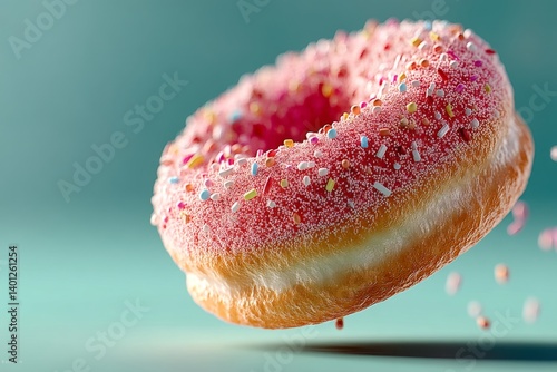 Hovering pink donut with sprinkles casting shadow on mint green background