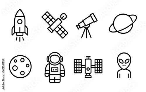 Space exploration icons: rocket, satellite, telescope, alien, planet.