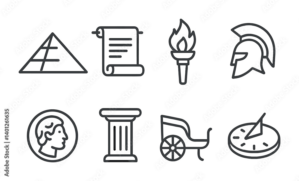Fototapeta premium Ancient symbols of civilization: pyramid, scroll, torch, helmet, coin, column, chariot, sundial icons.