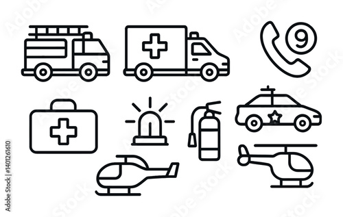 Emergency vehicles and icons: ambulance, fire truck, helicopter, police car, and safety symbols.