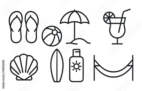 Outline icons of summer: flip-flops, beach ball, umbrella, cocktail, seashell, surfboard, sunscreen, hammock.