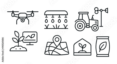 Smart farming icons: drone, irrigation, tractor, analytics, gps, greenhouse, seeds.