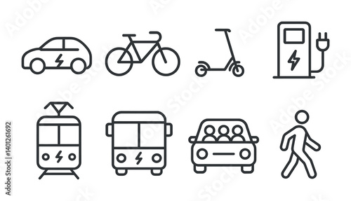 Electric vehicles and transportation icons set for sustainable mobility solutions.