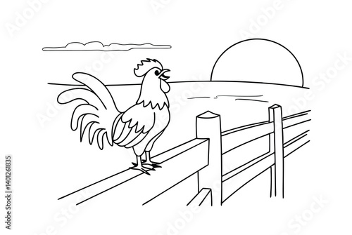 Rooster Crowing At Sunrise On A Fence Line Art Illustration Vector