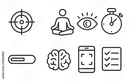 Mindfulness and productivity icons: meditation, focus, time management, brain, checklist.