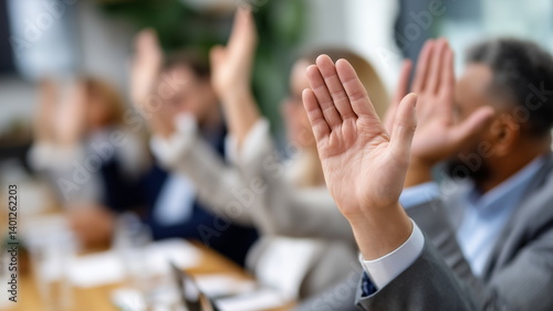 A group of professionals in suits raise their hands in unison during a meeting to show agreement on a decision, during a voting session.