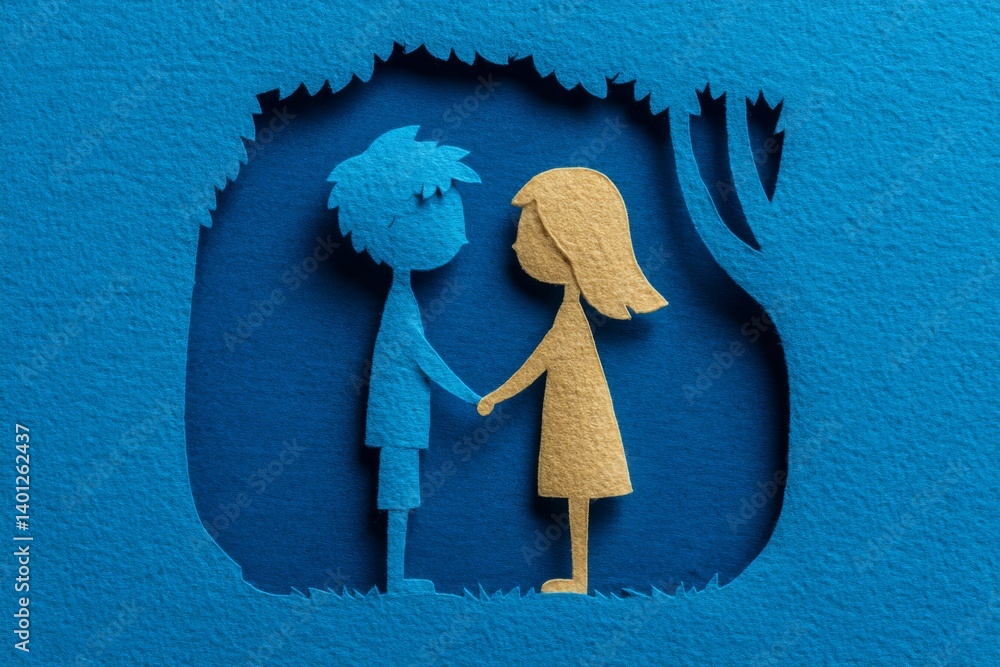 Two children's paper cut silhouettes holding hands on blue background