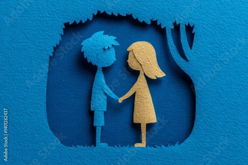 Obraz na płótnie Two children's paper cut silhouettes holding hands on blue background w salonie