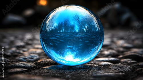 Blue Glass Sphere on Cobblestone Surface Reflecting Nature and Sky in Artistic Abstract Photography