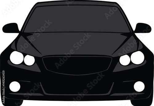 Front View of a Sleek Black Car with Prominent Headlights and a Large Front Grille, Illustrated in a Minimalistic Style